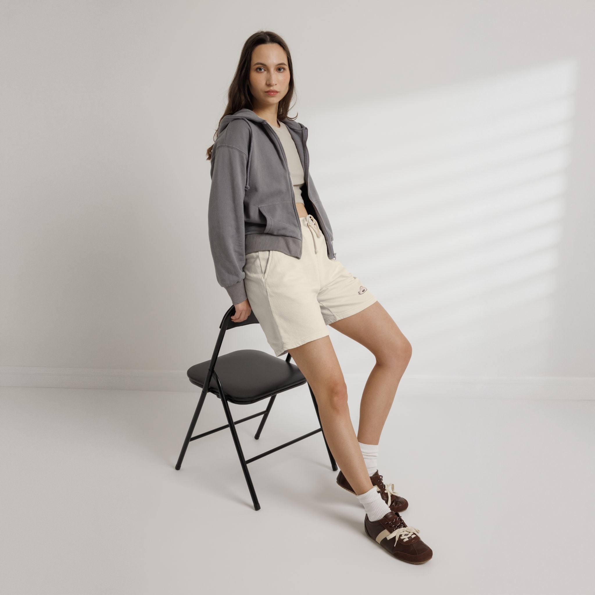 Cozy Cream Fleece Sweat Shorts with Cute Cloud Embroidery